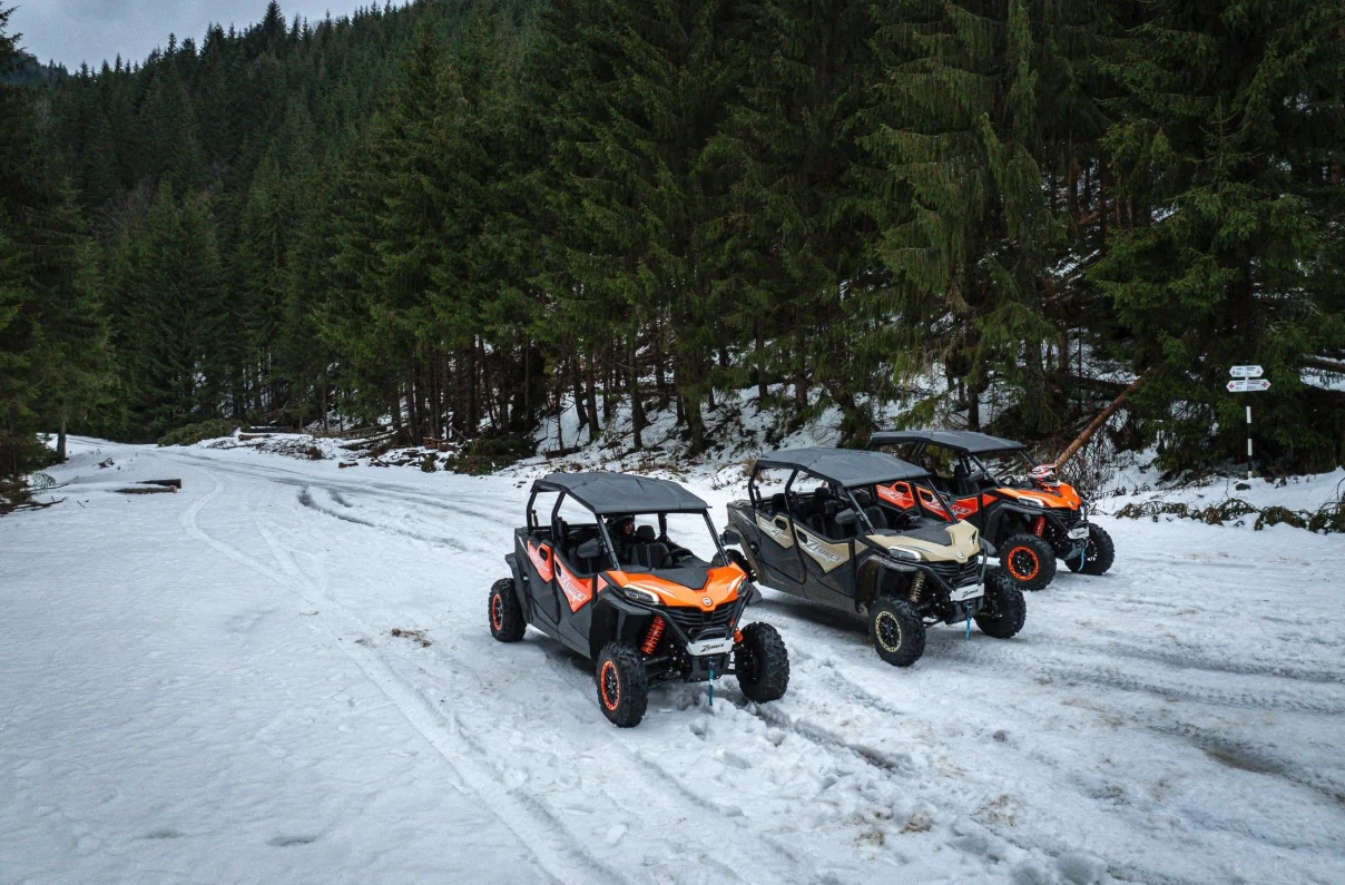 Buggy-uri pe traseu forestier acoperit cu zăpadă